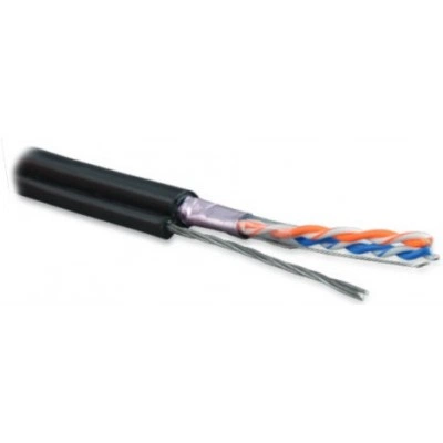 Hyperline FUTP2-C5-S24-SW-OUT-PE-BK-500 (500 м) Кабель витая пара, экранированная F/UTP, категория 5, 2 пары (24 AWG), одножильный, экран - фольга, с металлическим тросом, внешний, PE, -40°C–+60°C, черный
