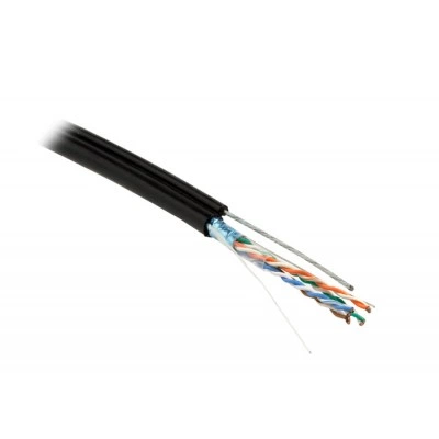Hyperline FUTP4-C5E-S24-2SW-OUT-PE-BK-500 (500 м) Кабель витая пара F/UTP, кат.5e, 4 пары(24AWG),одножил.(solid),экран-фольга,с усил.металл.тросом, внешний, PE, -40°C-+50°C, черный - гарантия: 15 лет компонентная