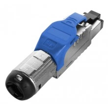 Hyperline PLUE-8P8C-S-C6A-SH-BL Разъем полевой оконцовки RJ-45 (8P8C) под витую пару, для одножильного кабеля, toolless, категория 6A, экранированный, накручивающийся хвостовик, синий