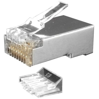 Hyperline PLUG-8P8C-UV-C6-SH-100 Разъем RJ-45(8P8C) под витую пару, категория 6 (50 µ/ 50 микродюймов), экранированный, универсальный (для одножильного и многожильного кабеля), со вставкой (100 шт)