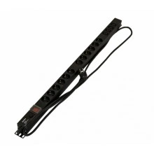 Hyperline SHE-12SH-4IEC-SF-2.5EU Блок розеток, вертикальный, 12 розеток Schuko, 4 розетки IEC320 C13, выкл. с подсветкой, защита от перенапряжения, кабель питания 2.5м (3х1.5мм2) с вилкой Schuko 16A, 250В, 950x44.4x44.4мм (ДхШхВ), корпус алюминий, черный