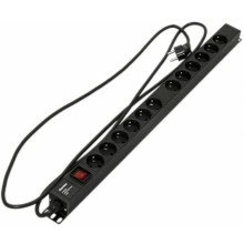 Hyperline SHE-12SH-S-2.5EU Блок розеток, вертикальный, 12 розеток Schuko, выключатель с подсветкой, кабель питания 2.5м (3х1.5мм2) с вилкой Schuko 16A, 250В, 730x44.4x44.4 мм (ДхШхВ), корпус алюминий, черный