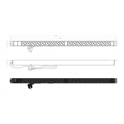 Hyperline SHE-18SH-2.5EU Блок розеток, вертикальный, 18 розеток Schuko, кабель питания 2.5м (3х1.5мм2) с вилкой Schuko 16A, 250В, 950x44.4x44.4мм (ДхШхВ), корпус алюминий, черный Hyperline SHE-18SH-2.5EU Блок розеток, вертикальный, 18 розеток Schuko, кабель питания 2.5м (3х1.5мм2) с вилкой Schuko 16A, 250В, 950x44.4x44.4мм (ДхШхВ), корпус алюминий, черный