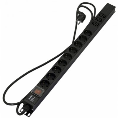 Hyperline SHE-9SH-3IEC-S-2.5EU Блок розеток, вертикальный, 9 розеток Schuko, 3 розетки IEC320 C13, выключатель с подсветкой, кабель питания 2.5м (3х1.5мм2) с вилкой Schuko 16А, 250В, 723x44.4x44.4 мм (ДхШхВ), корпус алюминий, черный Hyperline SHE-9SH-3IEC-S-2.5EU Блок розеток, вертикальный, 9 розеток Schuko, 3 розетки IEC320 C13, выключатель с подсветкой, кабель питания 2.5м (3х1.5мм2) с вилкой Schuko 16А, 250В, 723x44.4x44.4 мм (ДхШхВ), корпус алюминий, черный