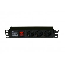 Hyperline SHE10-3SH-S-IEC Блок розеток для 10 шкафов, горизонтальный, 3 розетки Schuko, выключатель с подсветкой, без кабеля питания, входной разъем IEC320 C14 10А, 250В, 254х44.4х44.4мм (ШхВхГ), корпус алюминий, черный