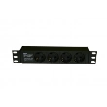 Hyperline SHE10-4SH-IEC Блок розеток для 10 шкафов, горизонтальный, 4 розетки Schuko, без кабеля питания, входной разъем IEC320 C14 10A, 250В, 254х44.4х44.4мм (ДхШхВ), корпус алюминий, черный
