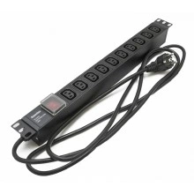 Hyperline SHE19-10IEC-S-2.5EU Блок розеток для 19 шкафов, горизонтальный, 10 розеток IEC320 C13, выключатель с подсветкой, кабель питания 2.5м (3х1.5мм2) с вилкой Schuko 16A, 250В, 482.6x44.4x44.4мм (ШхГхВ), корпус алюминий, черный