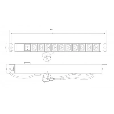 Hyperline SHE19-10IEC-S-2.5EU Блок розеток для 19 шкафов, горизонтальный, 10 розеток IEC320 C13, выключатель с подсветкой, кабель питания 2.5м (3х1.5мм2) с вилкой Schuko 16A, 250В, 482.6x44.4x44.4мм (ШхГхВ), корпус алюминий, черный Hyperline SHE19-10IEC-S-2.5EU Блок розеток для 19 шкафов, горизонтальный, 10 розеток IEC320 C13, выключатель с подсветкой, кабель питания 2.5м (3х1.5мм2) с вилкой Schuko 16A, 250В, 482.6x44.4x44.4мм (ШхГхВ), корпус алюминий, черный