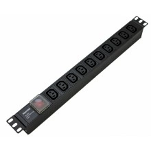 Hyperline SHE19-10IEC-S-IEC Блок розеток для 19 шкафов, горизонтальный, 10 розеток IEC320 C13, выключатель с подсветкой, без кабеля питания, входной разъем IEC320 C14 10A, 250В, 482.6x44.4x44.4мм (ШхГхВ), корпус алюминий, черный