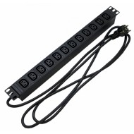 Hyperline SHE19-12IEC-2.5EU Блок розеток для 19 шкафов, горизонтальный, 12 розеток IEC320 C13, кабель питания 2.5м (3х1.5мм2) с вилкой Schuko 16A, 250В, 482.6x44.4x44.4мм (ШхГхВ), корпус алюминий, черный