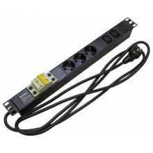 Hyperline SHE19-3SH-2IEC-B-2.5EU Блок розеток для 19 шкафов, горизонтальный, 3 розетки Schuko, 2 розетки IEC320 C13, автоматический выключатель, кабель питания 2.5м (3х1.5мм2) с вилкой Schuko 16A, 250В, 482.6x44.4x44.4мм (ШхГхВ), корпус алюминий, черный