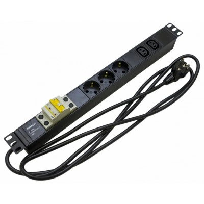 Hyperline SHE19-3SH-2IEC-B-2.5EU Блок розеток для 19 шкафов, горизонтальный, 3 розетки Schuko, 2 розетки IEC320 C13, автоматический выключатель, кабель питания 2.5м (3х1.5мм2) с вилкой Schuko 16A, 250В, 482.6x44.4x44.4мм (ШхГхВ), корпус алюминий, черный Hyperline SHE19-3SH-2IEC-B-2.5EU Блок розеток для 19 шкафов, горизонтальный, 3 розетки Schuko, 2 розетки IEC320 C13, автоматический выключатель, кабель питания 2.5м (3х1.5мм2) с вилкой Schuko 16A, 250В, 482.6x44.4x44.4мм (ШхГхВ), корпус алюминий, черный
