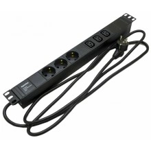 Hyperline SHE19-3SH-3IEC-2.5EU Блок розеток для 19 шкафов, горизонтальный, 3 розетки Schuko, 3 розетки IEC320 C13, кабель питания 2.5м (3х1.5мм2) с вилкой Schuko 16A, 250В, 482.6x44.4x44.4мм (ШхГхВ), корпус алюминий, черный