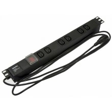 Hyperline SHE19-6IEC-S-2.5IEC Блок розеток для 19 шкафов, горизонтальный, 6 розеток IEC320 C13, выключатель с подсветкой, кабель питания 2.5м (3х1.0мм2) с вилкой IEC320 C14 10A, 250В, 482.6x44.4x44.4мм (ШхГхВ), корпус алюминий, черный