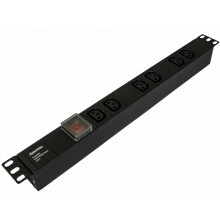 Hyperline SHE19-6IEC-S-IEC Блок розеток для 19 шкафов, горизонтальный, 6 розеток IEC320 C13, выключатель с подсветкой, без кабеля питания, входной разъем IEC320 C14 10A, 250В, 482.6x44.4x44.4мм (ШхГхВ), корпус алюминий, черный