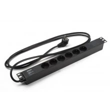 Hyperline SHE19-6SH-2.5EU Блок розеток для 19 шкафов, горизонтальный, 6 розеток Schuko, кабель питания 2.5м (3х1.5мм2) с вилкой Schuko 16A, 250В, 482.6x44.4x44.4мм (ШхГхВ), корпус алюминий, черный