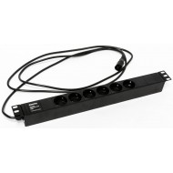 Hyperline SHE19-6SH-2.5IEC Блок розеток для 19 шкафов, горизонтальный, 6 розеток Schuko, кабель питания 2.5м (3х1.0мм2) с вилкой IEC320 C14 10A, 250В, 482.6x44.4x44.4мм (ШхГхВ), корпус алюминий, черный
