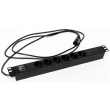 Hyperline SHE19-6SH-2.5IEC Блок розеток для 19 шкафов, горизонтальный, 6 розеток Schuko, кабель питания 2.5м (3х1.0мм2) с вилкой IEC320 C14 10A, 250В, 482.6x44.4x44.4мм (ШхГхВ), корпус алюминий, черный