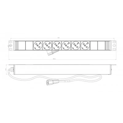 Hyperline SHE19-6SH-2.5IEC Блок розеток для 19 шкафов, горизонтальный, 6 розеток Schuko, кабель питания 2.5м (3х1.0мм2) с вилкой IEC320 C14 10A, 250В, 482.6x44.4x44.4мм (ШхГхВ), корпус алюминий, черный Hyperline SHE19-6SH-2.5IEC Блок розеток для 19 шкафов, горизонтальный, 6 розеток Schuko, кабель питания 2.5м (3х1.0мм2) с вилкой IEC320 C14 10A, 250В, 482.6x44.4x44.4мм (ШхГхВ), корпус алюминий, черный