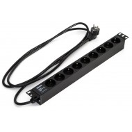 Hyperline SHE19-6SH-2IEC-2.5EU Блок розеток для 19 шкафов, горизонтальный, 6 розеток Schuko, 2 розетки IEC320 C13, кабель питания 2.5м (3х1.5мм2) с вилкой Schuko 16A, 250В, корпус алюминий, черный