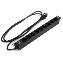 Hyperline SHE19-6SH-2IEC-2.5EU Блок розеток для 19 шкафов, горизонтальный, 6 розеток Schuko, 2 розетки IEC320 C13, кабель питания 2.5м (3х1.5мм2) с вилкой Schuko 16A, 250В, корпус алюминий, черный