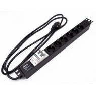 Hyperline SHE19-6SH-B-2.5EU Блок розеток для 19 шкафов, горизонтальный, 6 розеток Schuko, автоматический выключатель, кабель питания 2.5м (3х1.5мм2) с вилкой Schuko 16A, 250В, 482.6x44.4x44.4мм (ШхГхВ), корпус алюминий, черный
