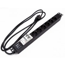 Hyperline SHE19-6SH-B-2.5EU Блок розеток для 19 шкафов, горизонтальный, 6 розеток Schuko, автоматический выключатель, кабель питания 2.5м (3х1.5мм2) с вилкой Schuko 16A, 250В, 482.6x44.4x44.4мм (ШхГхВ), корпус алюминий, черный