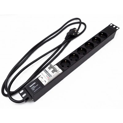 Hyperline SHE19-6SH-B-2.5EU Блок розеток для 19 шкафов, горизонтальный, 6 розеток Schuko, автоматический выключатель, кабель питания 2.5м (3х1.5мм2) с вилкой Schuko 16A, 250В, 482.6x44.4x44.4мм (ШхГхВ), корпус алюминий, черный Hyperline SHE19-6SH-B-2.5EU Блок розеток для 19 шкафов, горизонтальный, 6 розеток Schuko, автоматический выключатель, кабель питания 2.5м (3х1.5мм2) с вилкой Schuko 16A, 250В, 482.6x44.4x44.4мм (ШхГхВ), корпус алюминий, черный
