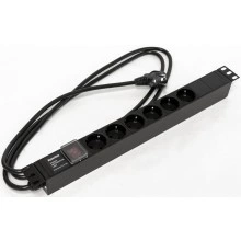 Hyperline SHE19-6SH-S-2.5EU Блок розеток для 19 шкафов, горизонтальный, 6 розеток Schuko, выключатель с подсветкой, кабель питания 2.5м (3х1.5мм2) с вилкой Schuko 16A, 250В, 482.6x44.4x44.4мм (ШхГхВ), корпус алюминий, черный