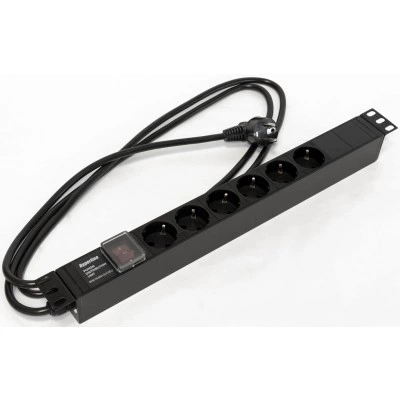 Hyperline SHE19-6SH-S-2.5EU Блок розеток для 19 шкафов, горизонтальный, 6 розеток Schuko, выключатель с подсветкой, кабель питания 2.5м (3х1.5мм2) с вилкой Schuko 16A, 250В, 482.6x44.4x44.4мм (ШхГхВ), корпус алюминий, черный Hyperline SHE19-6SH-S-2.5EU Блок розеток для 19 шкафов, горизонтальный, 6 розеток Schuko, выключатель с подсветкой, кабель питания 2.5м (3х1.5мм2) с вилкой Schuko 16A, 250В, 482.6x44.4x44.4мм (ШхГхВ), корпус алюминий, черный