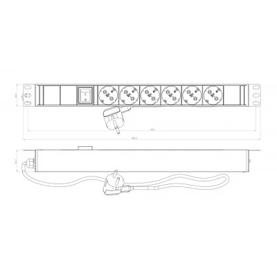 Hyperline SHE19-6SH-S-2.5EU Блок розеток для 19 шкафов, горизонтальный, 6 розеток Schuko, выключатель с подсветкой, кабель питания 2.5м (3х1.5мм2) с вилкой Schuko 16A, 250В, 482.6x44.4x44.4мм (ШхГхВ), корпус алюминий, черный Hyperline SHE19-6SH-S-2.5EU Блок розеток для 19 шкафов, горизонтальный, 6 розеток Schuko, выключатель с подсветкой, кабель питания 2.5м (3х1.5мм2) с вилкой Schuko 16A, 250В, 482.6x44.4x44.4мм (ШхГхВ), корпус алюминий, черный