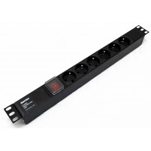 Hyperline SHE19-6SH-S-IEC Блок розеток для 19 шкафов, горизонтальный, горизонтальный, 6 розеток Schuko, выключатель с подстветкой, без кабеля питания, входной разъем IEC320 C14 10А, 250В, 482.6х44.4х44.4мм (ШхГхВ), корпус алюминий, черный