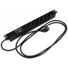 Hyperline SHE19-7SH-AV-2.5EU Блок розеток для 19 шкафов, горизонтальный, 7 розеток Schuko, амперметр/вольтметр, кабель питания 2.5м (3х1.5мм2) с вилкой Schuko 16A, 250В, 482.6x44.4x44.4мм (ШхГхВ), корпус алюминий, черный