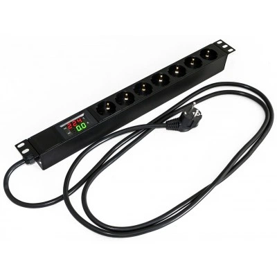 Hyperline SHE19-7SH-AV-2.5EU Блок розеток для 19 шкафов, горизонтальный, 7 розеток Schuko, амперметр/вольтметр, кабель питания 2.5м (3х1.5мм2) с вилкой Schuko 16A, 250В, 482.6x44.4x44.4мм (ШхГхВ), корпус алюминий, черный Hyperline SHE19-7SH-AV-2.5EU Блок розеток для 19 шкафов, горизонтальный, 7 розеток Schuko, амперметр/вольтметр, кабель питания 2.5м (3х1.5мм2) с вилкой Schuko 16A, 250В, 482.6x44.4x44.4мм (ШхГхВ), корпус алюминий, черный