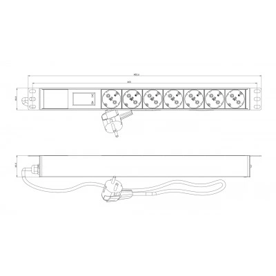 Hyperline SHE19-7SH-AV-2.5EU Блок розеток для 19 шкафов, горизонтальный, 7 розеток Schuko, амперметр/вольтметр, кабель питания 2.5м (3х1.5мм2) с вилкой Schuko 16A, 250В, 482.6x44.4x44.4мм (ШхГхВ), корпус алюминий, черный Hyperline SHE19-7SH-AV-2.5EU Блок розеток для 19 шкафов, горизонтальный, 7 розеток Schuko, амперметр/вольтметр, кабель питания 2.5м (3х1.5мм2) с вилкой Schuko 16A, 250В, 482.6x44.4x44.4мм (ШхГхВ), корпус алюминий, черный