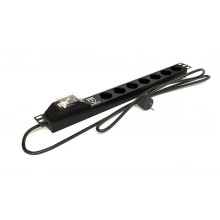 Hyperline SHE19-7SH-BF-2.5EU Блок розеток для 19 шкафов, горизонтальный, 7 розеток Schuko, автомат. выключатель, защита от перенапряжения, кабель питания 2.5м (3х1.5мм2) с вилкой Schuko 16A, 250В, 482.6x44.4x44.4мм (ШхГхВ), корпус алюминий, черный