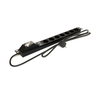 Hyperline SHE19-7SH-BF-2.5EU Блок розеток для 19 шкафов, горизонтальный, 7 розеток Schuko, автомат. выключатель, защита от перенапряжения, кабель питания 2.5м (3х1.5мм2) с вилкой Schuko 16A, 250В, 482.6x44.4x44.4мм (ШхГхВ), корпус алюминий, черный Hyperline SHE19-7SH-BF-2.5EU Блок розеток для 19 шкафов, горизонтальный, 7 розеток Schuko, автомат. выключатель, защита от перенапряжения, кабель питания 2.5м (3х1.5мм2) с вилкой Schuko 16A, 250В, 482.6x44.4x44.4мм (ШхГхВ), корпус алюминий, черный