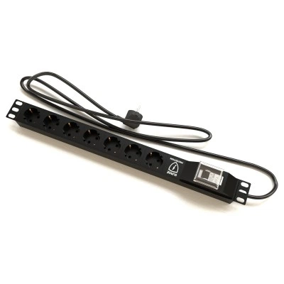 Hyperline SHE19-7SH-BF-2.5EU Блок розеток для 19 шкафов, горизонтальный, 7 розеток Schuko, автомат. выключатель, защита от перенапряжения, кабель питания 2.5м (3х1.5мм2) с вилкой Schuko 16A, 250В, 482.6x44.4x44.4мм (ШхГхВ), корпус алюминий, черный Hyperline SHE19-7SH-BF-2.5EU Блок розеток для 19 шкафов, горизонтальный, 7 розеток Schuko, автомат. выключатель, защита от перенапряжения, кабель питания 2.5м (3х1.5мм2) с вилкой Schuko 16A, 250В, 482.6x44.4x44.4мм (ШхГхВ), корпус алюминий, черный
