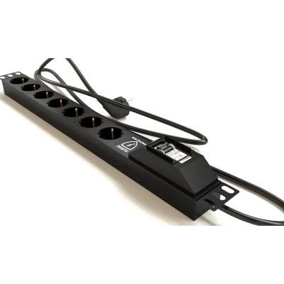 Hyperline SHE19-7SH-BF-2.5EU Блок розеток для 19 шкафов, горизонтальный, 7 розеток Schuko, автомат. выключатель, защита от перенапряжения, кабель питания 2.5м (3х1.5мм2) с вилкой Schuko 16A, 250В, 482.6x44.4x44.4мм (ШхГхВ), корпус алюминий, черный Hyperline SHE19-7SH-BF-2.5EU Блок розеток для 19 шкафов, горизонтальный, 7 розеток Schuko, автомат. выключатель, защита от перенапряжения, кабель питания 2.5м (3х1.5мм2) с вилкой Schuko 16A, 250В, 482.6x44.4x44.4мм (ШхГхВ), корпус алюминий, черный