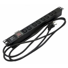 Hyperline SHE19-8IEC-S-2.5EU Блок розеток для 19 шкафов, горизонтальный, 8 розеток IEC320 C13, выключатель с подсветкой, кабель питания 2.5м (3х1.5мм2) с вилкой Schuko 16A, 250В, 482.6x44.4x44.4мм (ШхГхВ), корпус алюминий, черный
