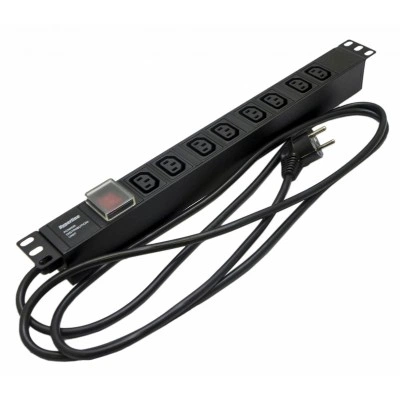 Hyperline SHE19-8IEC-S-2.5EU Блок розеток для 19 шкафов, горизонтальный, 8 розеток IEC320 C13, выключатель с подсветкой, кабель питания 2.5м (3х1.5мм2) с вилкой Schuko 16A, 250В, 482.6x44.4x44.4мм (ШхГхВ), корпус алюминий, черный Hyperline SHE19-8IEC-S-2.5EU Блок розеток для 19 шкафов, горизонтальный, 8 розеток IEC320 C13, выключатель с подсветкой, кабель питания 2.5м (3х1.5мм2) с вилкой Schuko 16A, 250В, 482.6x44.4x44.4мм (ШхГхВ), корпус алюминий, черный