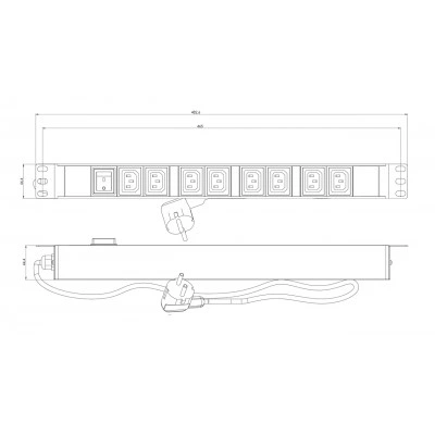 Hyperline SHE19-8IEC-S-2.5EU Блок розеток для 19 шкафов, горизонтальный, 8 розеток IEC320 C13, выключатель с подсветкой, кабель питания 2.5м (3х1.5мм2) с вилкой Schuko 16A, 250В, 482.6x44.4x44.4мм (ШхГхВ), корпус алюминий, черный Hyperline SHE19-8IEC-S-2.5EU Блок розеток для 19 шкафов, горизонтальный, 8 розеток IEC320 C13, выключатель с подсветкой, кабель питания 2.5м (3х1.5мм2) с вилкой Schuko 16A, 250В, 482.6x44.4x44.4мм (ШхГхВ), корпус алюминий, черный