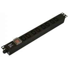 Hyperline SHE19-8IEC-S-CB Блок розеток для 19 шкафов, горизонтальный, 8 розеток IEC320 C13, выключатель в подсветкой, без кабеля питания, клеммная колодка 16A, 250В, 482.6x44.4x44.4мм (ШхГхВ), корпус алюминий, черный