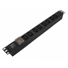 Hyperline SHE19-8IEC-S-IEC Блок розеток для 19 шкафов, горизонтальный, 8 розеток IEC320 C13, выключатель с подсветкой, без кабеля питания, входной разъем IEC320 C14 10A, 250В, 482.6x44.4x44.4мм (ШхГхВ), корпус алюминий, черный