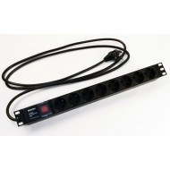 Hyperline SHE19-8SH-S-2.5EU Блок розеток для 19 шкафов, горизонтальный, 8 розеток Schuko, выключатель с подсветкой, кабель питания 2.5м (3х1.5мм2) с вилкой Schuko 16A, 250В, 482.6x44.4x44.4мм (ШхГхВ), корпус алюминий, черный