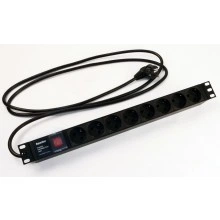 Hyperline SHE19-8SH-S-2.5EU Блок розеток для 19 шкафов, горизонтальный, 8 розеток Schuko, выключатель с подсветкой, кабель питания 2.5м (3х1.5мм2) с вилкой Schuko 16A, 250В, 482.6x44.4x44.4мм (ШхГхВ), корпус алюминий, черный