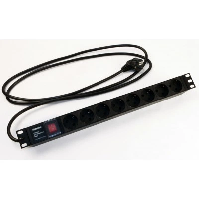Hyperline SHE19-8SH-S-2.5EU Блок розеток для 19 шкафов, горизонтальный, 8 розеток Schuko, выключатель с подсветкой, кабель питания 2.5м (3х1.5мм2) с вилкой Schuko 16A, 250В, 482.6x44.4x44.4мм (ШхГхВ), корпус алюминий, черный Hyperline SHE19-8SH-S-2.5EU Блок розеток для 19 шкафов, горизонтальный, 8 розеток Schuko, выключатель с подсветкой, кабель питания 2.5м (3х1.5мм2) с вилкой Schuko 16A, 250В, 482.6x44.4x44.4мм (ШхГхВ), корпус алюминий, черный