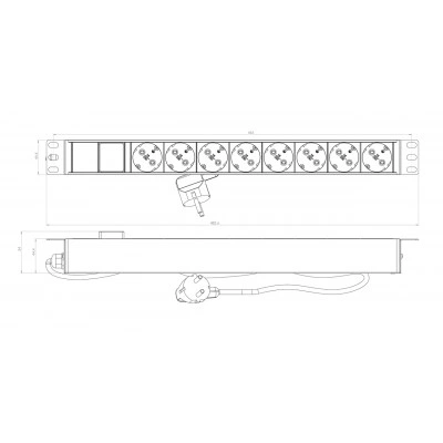 Hyperline SHE19-8SH-S-2.5EU Блок розеток для 19 шкафов, горизонтальный, 8 розеток Schuko, выключатель с подсветкой, кабель питания 2.5м (3х1.5мм2) с вилкой Schuko 16A, 250В, 482.6x44.4x44.4мм (ШхГхВ), корпус алюминий, черный Hyperline SHE19-8SH-S-2.5EU Блок розеток для 19 шкафов, горизонтальный, 8 розеток Schuko, выключатель с подсветкой, кабель питания 2.5м (3х1.5мм2) с вилкой Schuko 16A, 250В, 482.6x44.4x44.4мм (ШхГхВ), корпус алюминий, черный