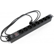 Hyperline SHE19-8SH-S-2.5IEC Блок розеток для 19 шкафов, горизонтальный, 8 розеток Schuko, выключатель с подсветкой, кабель питания 2.5м (3х1.0мм2) с вилкой IEC320 C14 10A, 250В, 482.6x44.4x44.4мм (ШхГхВ), корпус алюминий, черный