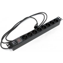 Hyperline SHE19-8SH-S-2.5IEC Блок розеток для 19 шкафов, горизонтальный, 8 розеток Schuko, выключатель с подсветкой, кабель питания 2.5м (3х1.0мм2) с вилкой IEC320 C14 10A, 250В, 482.6x44.4x44.4мм (ШхГхВ), корпус алюминий, черный